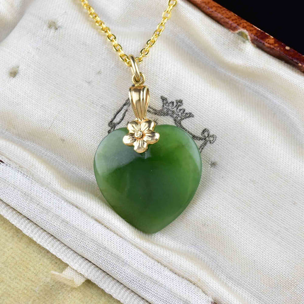 Vintage 14K Gold Floral Jade Heart Pendant Necklace - Boylerpf