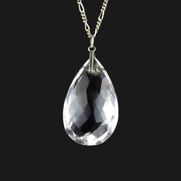 Vintage Silver Faceted Rock Crystal Teardrop Pendant Necklace