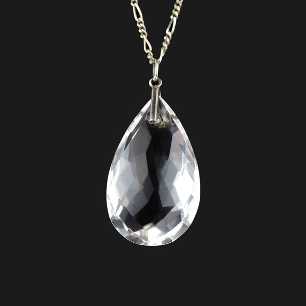 Vintage Silver Faceted Rock Crystal Teardrop Pendant Necklace - Boylerpf