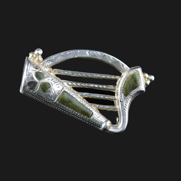 Antique Victorian Silver Irish Connemara Marble Harp Brooch - Boylerpf