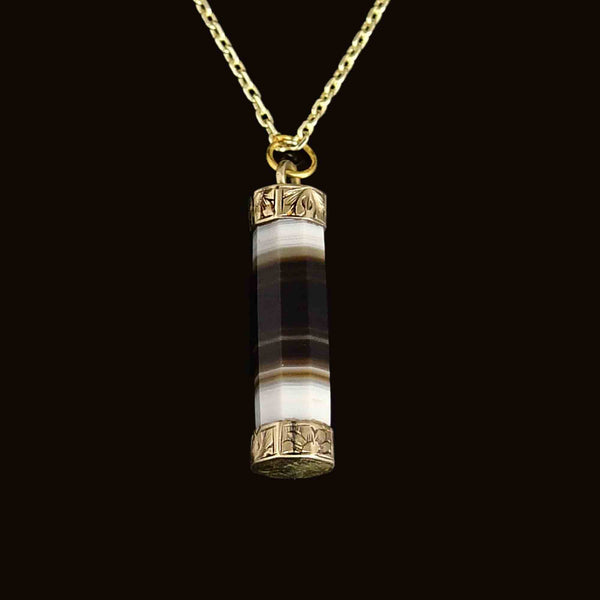 Antique Victorian Gold Floral Banded Agate Barrel Pendant Necklace - Boylerpf