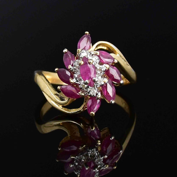 10K Gold Marquise Cut Ruby Diamond Pinwheel Statement Ring - Boylerpf