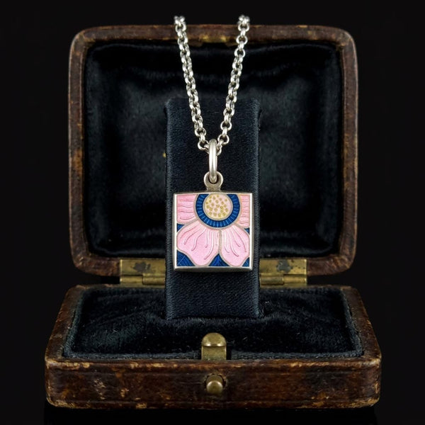 Sterling Silver Arts & Crafts Enamel Lotus Flower Necklace