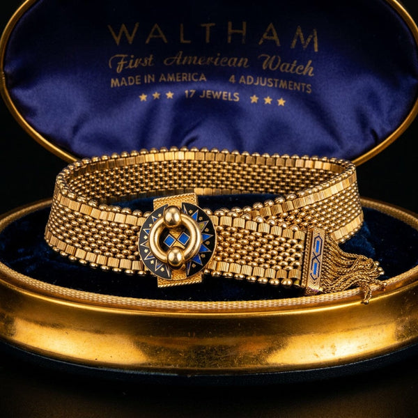 Antique Victorian 14K Gold Mesh Slide Bracelet with Enamel