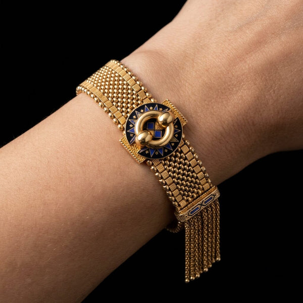 Antique Victorian 14K Gold Mesh Slide Bracelet with Enamel