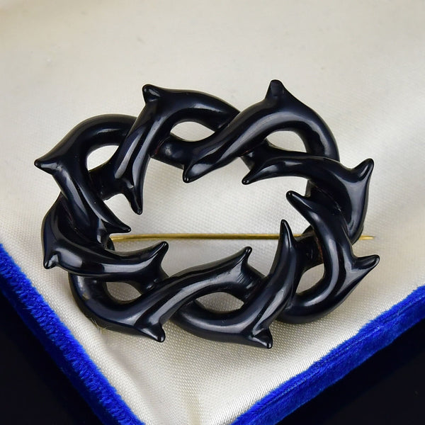 Antique Crown of Thorns Wreath Whitby Jet Mourning Brooch - Boylerpf
