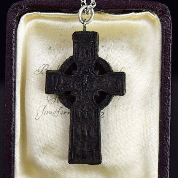 Antique Victorian Large Carved Bog Oak Celtic Cross Pendant Necklace - Boylerpf