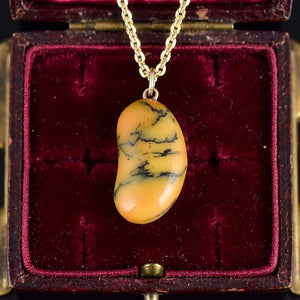 Vintage 9K Gold Dendritic Honey Opal Lucky Bean Necklace - Boylerpf
