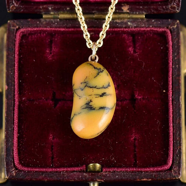 Vintage 9K Gold Dendritic Honey Opal Lucky Bean Necklace