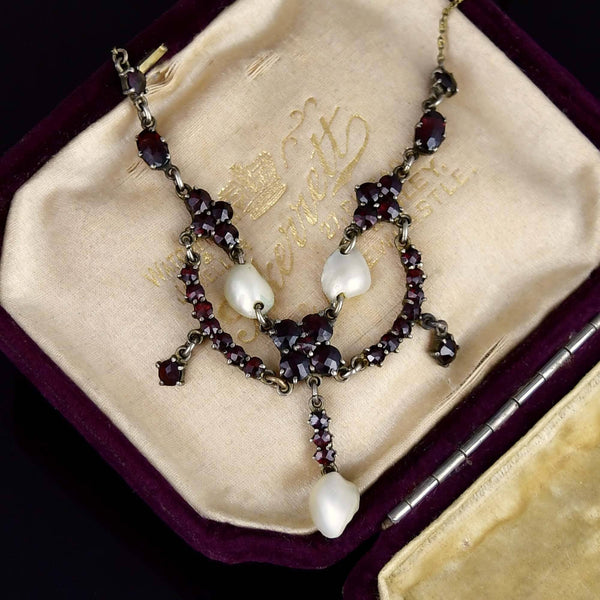 Antique Bohemian Garnet Pearl Victorian Necklace