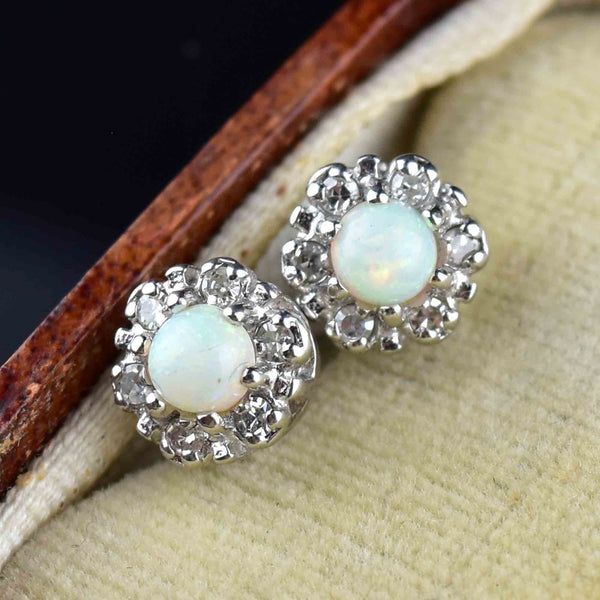 Vintage 14K White Gold Diamond Halo Opal Stud Earrings - Boylerpf