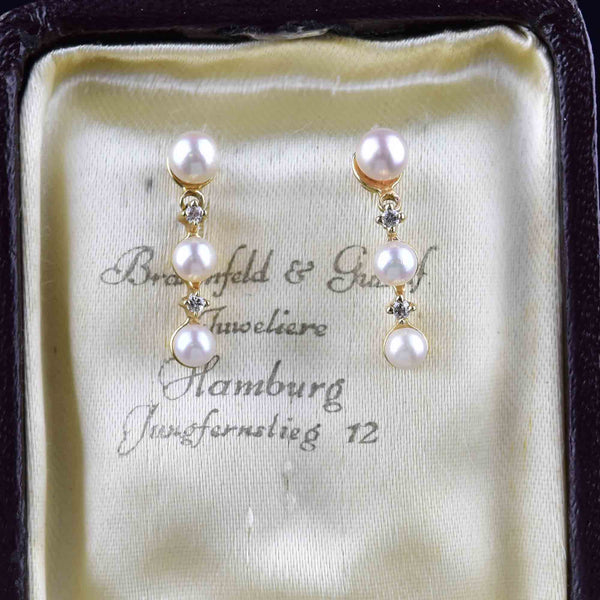 Vintage 14K Gold Diamond Pearl Drop Earrings - Boylerpf