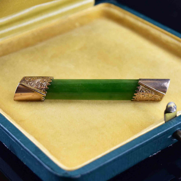 Antique Engraved 9K Gold Jade Victorian Brooch - Boylerpf