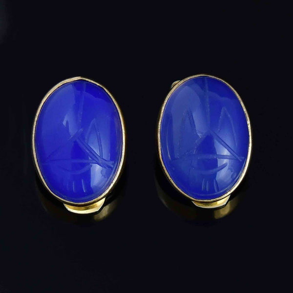 Vintage Blue Chalcedony Scarab Clip On Earrings - Boylerpf