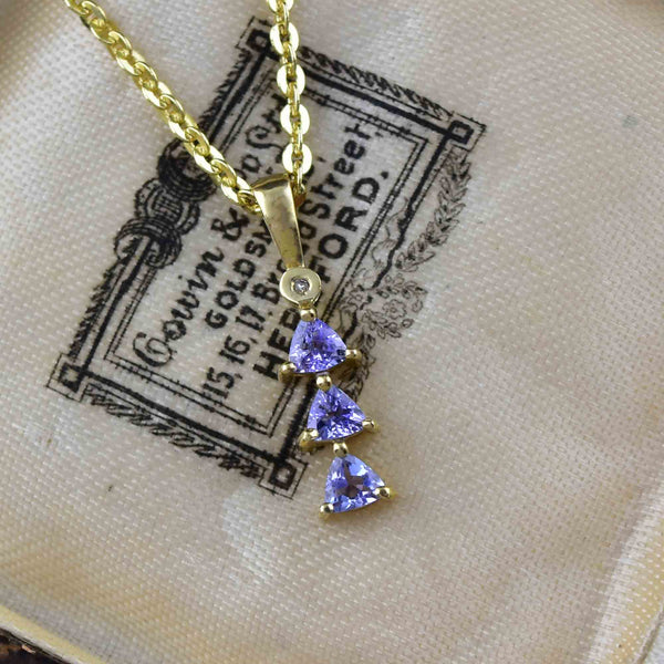 Vintage 10K Gold Diamond Trillion Cut Tanzanite Pendant Necklace - Boylerpf