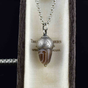 Vintage Silver Banded Agate Acorn Pendant Necklace - Boylerpf
