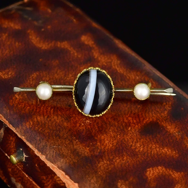 Antique Victorian Banded Agate Pearl Brooch