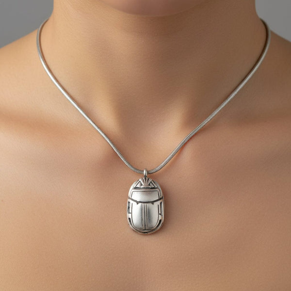 Antique Heavy Sterling Silver Scarab Pendant Necklace - Boylerpf