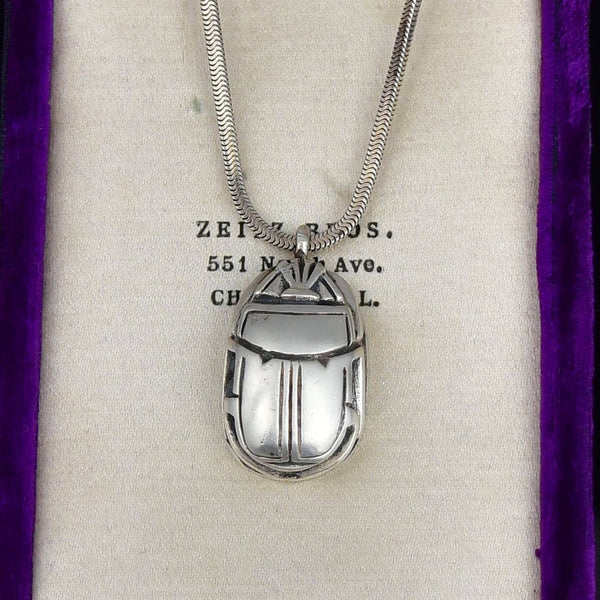 Antique Heavy Sterling Silver Scarab Pendant Necklace - Boylerpf