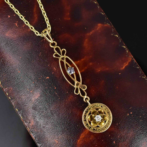 Art Nouveau 10K Gold Diamond Sapphire Lavalier Necklace - Boylerpf