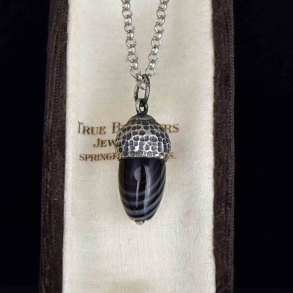 Arts and Crafts Silver Banded Agate Acorn Pendant Necklace - Boylerpf