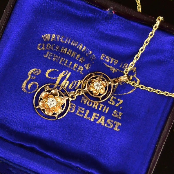 Antique 10K Gold Victorian Diamond Buttercup Lavalier Pendant