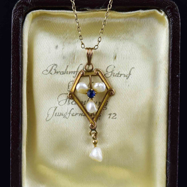 Edwardian 10K Gold Pearl Sapphire Lavalier Pendant Necklace - Boylerpf