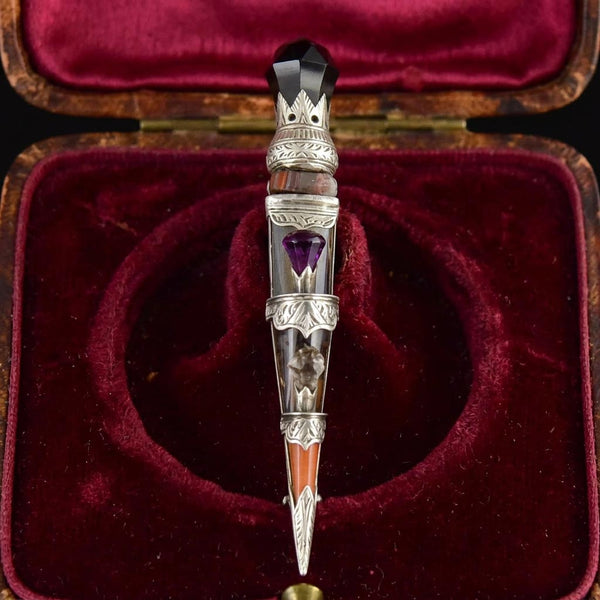 Victorian Scottish Agate Smoky Quartz Dirk Brooch