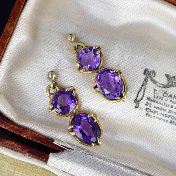 Vintage 9K Gold Large Amethyst Drop Earrings - Boylerpf