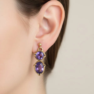 Vintage 9K Gold Large Amethyst Drop Earrings - Boylerpf