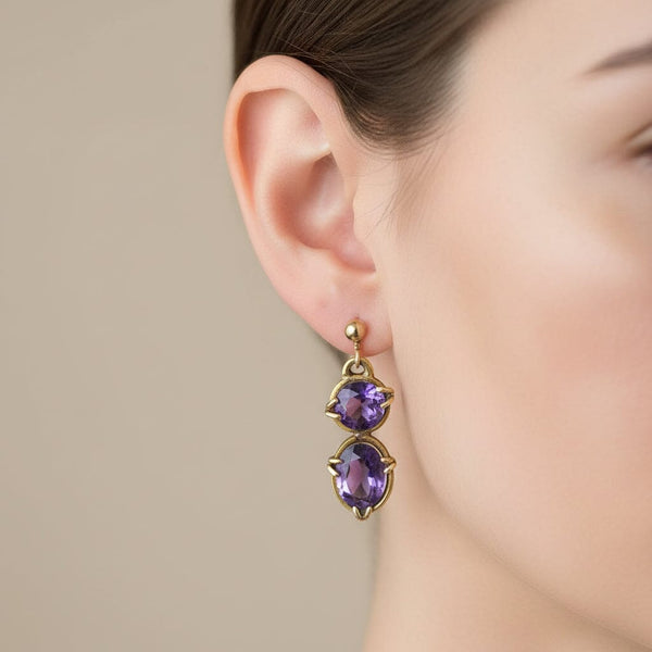 Vintage 9K Gold Large Amethyst Drop Earrings - Boylerpf