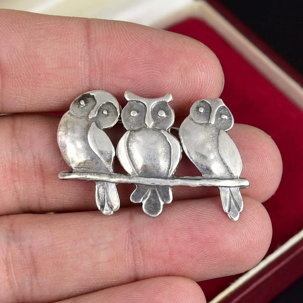 Vintage Three Wise Owls Sterling Silver Brooch