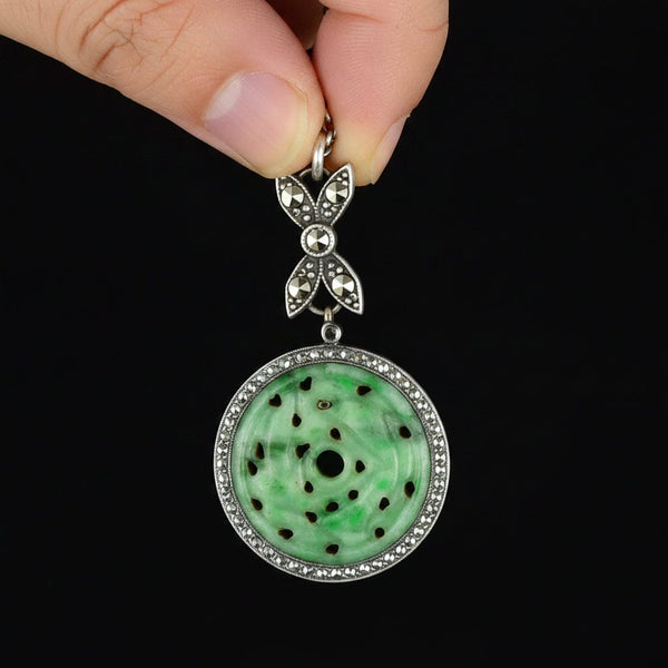 Vintage Art Deco Jade Marcasite Sterling Silver Necklace - Boylerpf