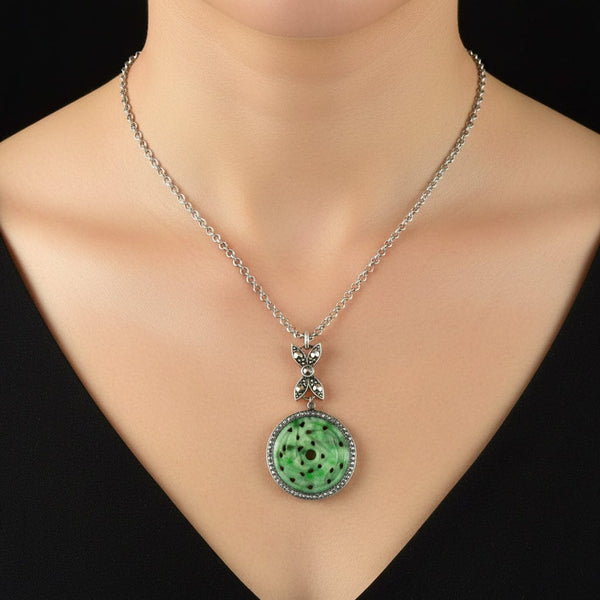 Vintage Art Deco Jade Marcasite Sterling Silver Necklace - Boylerpf