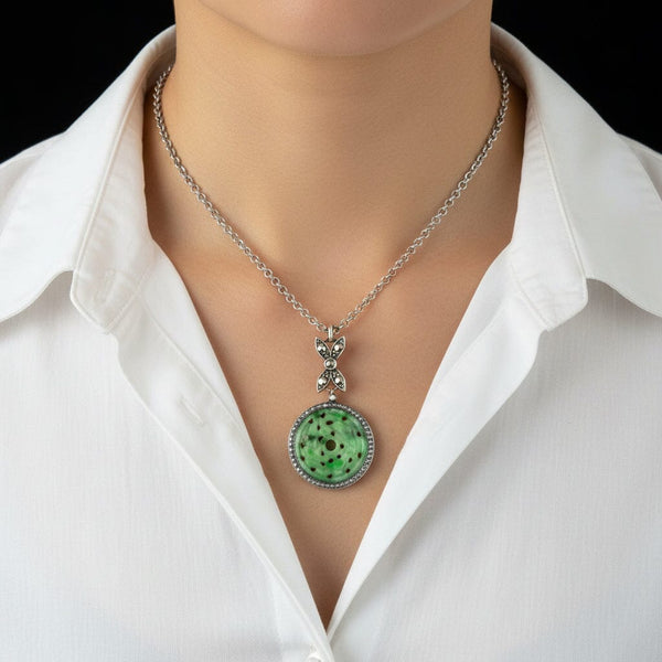 Vintage Art Deco Jade Marcasite Sterling Silver Necklace - Boylerpf
