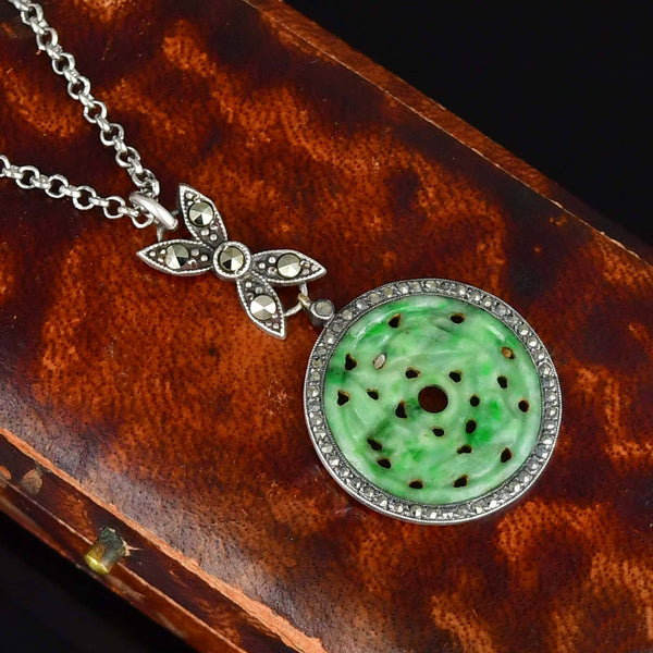 Vintage Art Deco Jade Marcasite Sterling Silver Necklace - Boylerpf