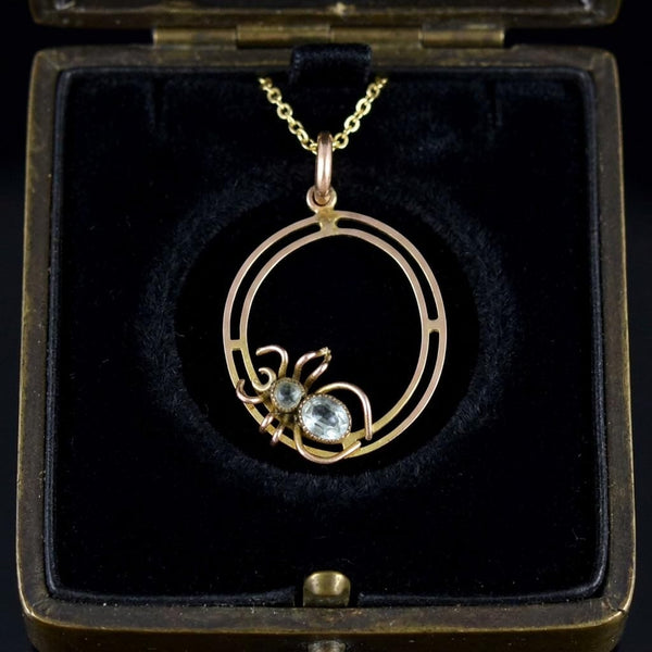Antique Aquamarine 9K Gold Spider Pendant Necklace
