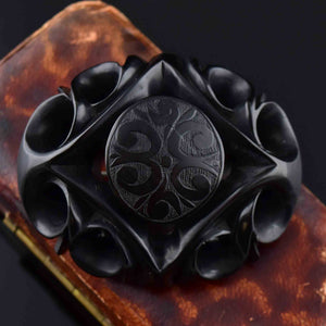 Antique Victorian Large Carved Whitby Jet Brooch - Boylerpf