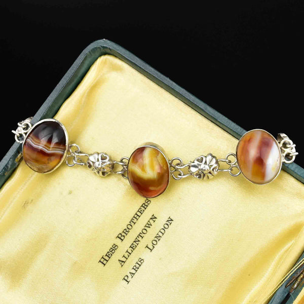 Arts and Crafts Style Silver Floral Banded Agate Bracelet - Boylerpf