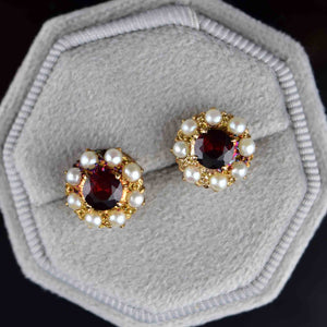 Vintage 10K Gold Garnet Pearl Stud Earrings - Boylerpf