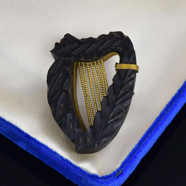 Antique Victorian Carved Irish Bog Oak Harp Brooch