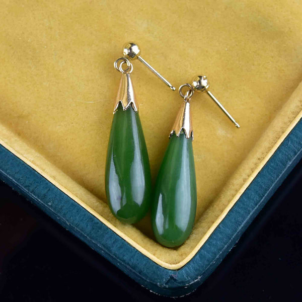 Vintage Natural Jade Teardrop Pendant Earrings in 14K Gold - Boylerpf