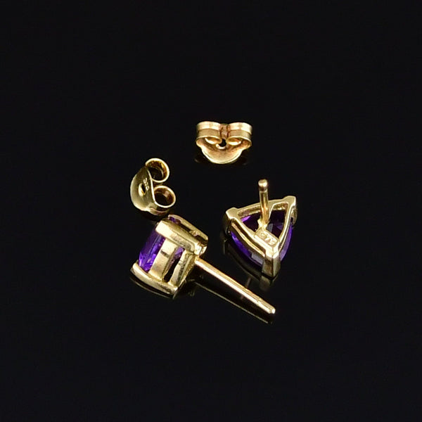 Vintage Trillion Cut Amethyst Gold Stud Earrings