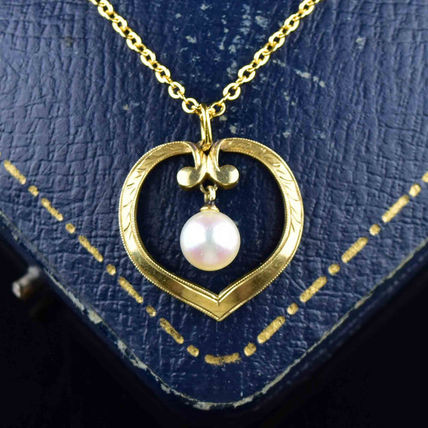 Vintage Mikimoto 14K Gold Open Heart Pearl Pendant Necklace - Boylerpf