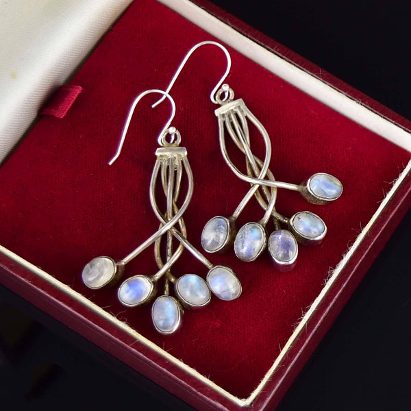 Vintage Moonstone Cabochon Sterling Silver Drop Earrings