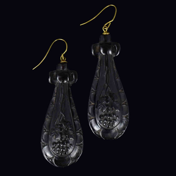 Antique Victorian Grapevine Carved Whitby Jet Drop Earrings - Boylerpf