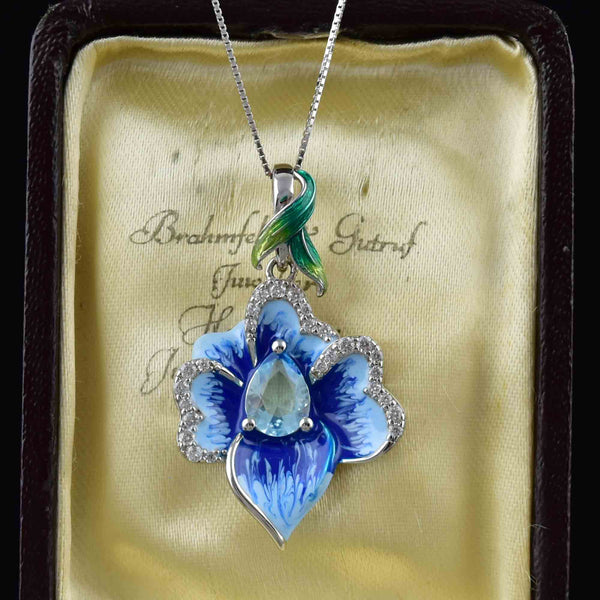 Vintage Sterling Silver Enamel Blue Topaz Flower Pendant Necklace - Boylerpf