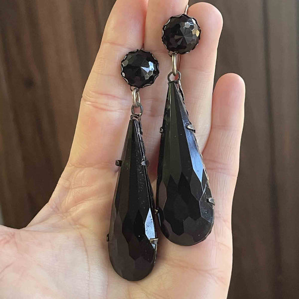 Antique Victorian Carved French Jet Drop Earrings - Boylerpf