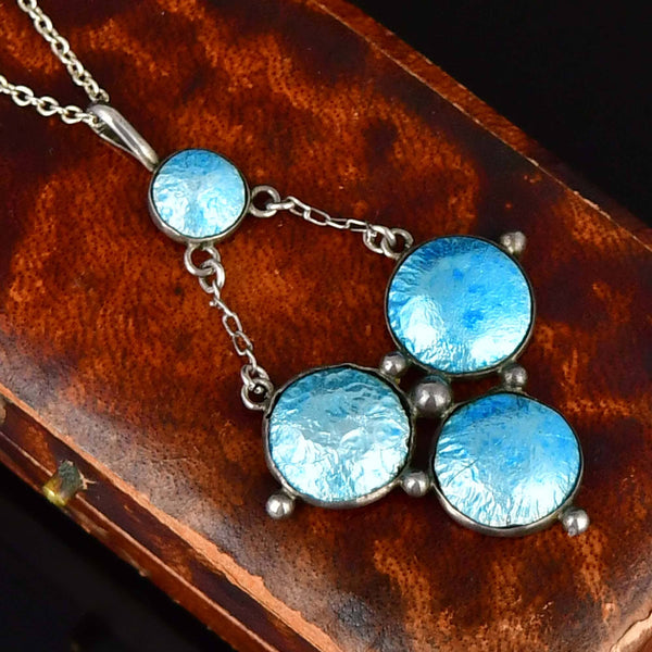 Antique Art Nouveau Sterling Silver Blue Enamel Necklace