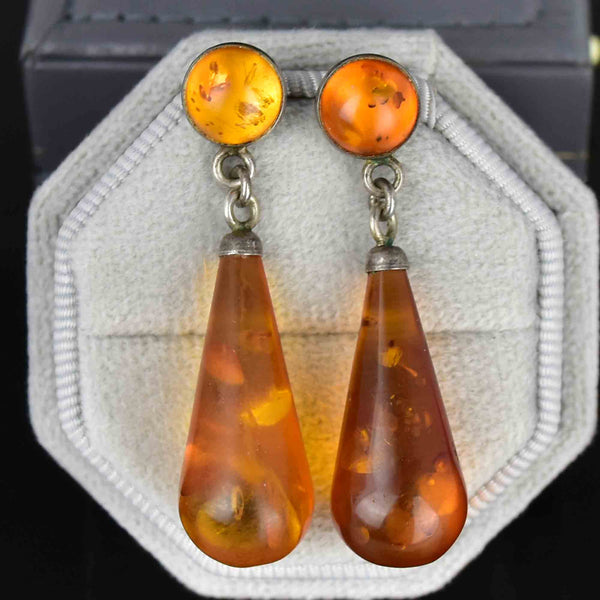 Vintage Art Deco Style Silver Baltic Amber Drop Earrings